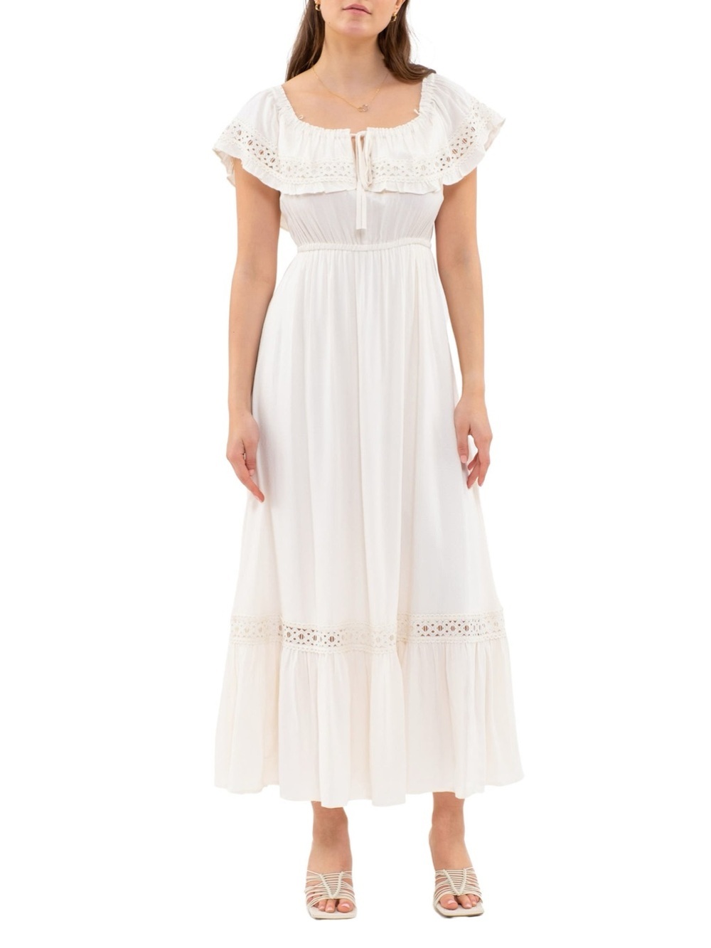 Blu Pepper Off-Shoulder White Eyelet Maxi Dress, Size M